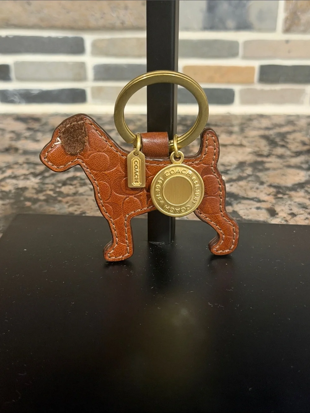 Coach Tan/Brown Leather Dog Charm with Gold-Tone Ring